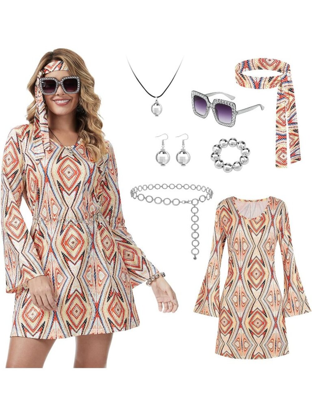 Women's Orange 60s 70s Hippie Costume Dress Retro Disco Mini Halloween Party